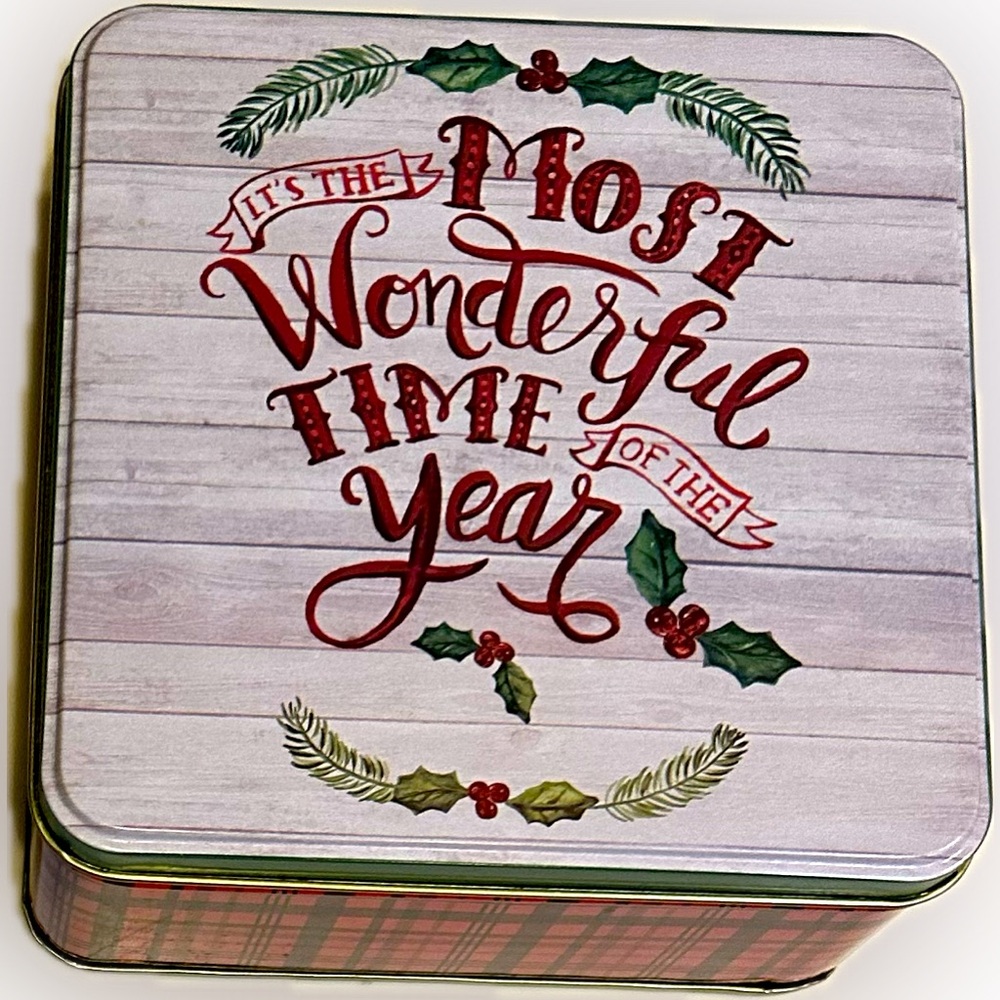 VTG 5.75” SQUARE TIN “ITS THE MOST WONDERFUL TIME OF YHE YEAR” HOLIDAY CHRISTMAS